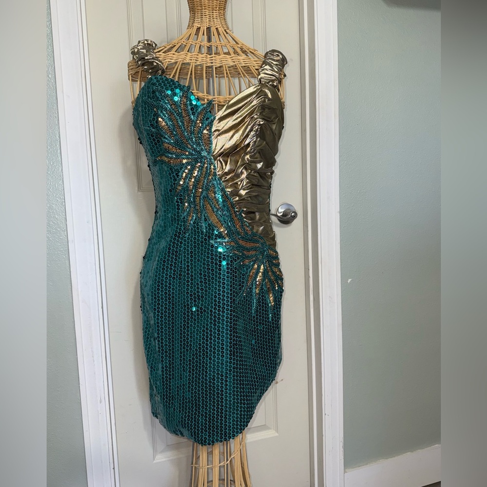 Vintage Alyce Designs Elegant Teal and Gold Sequin Dress Size 10 Made in USA